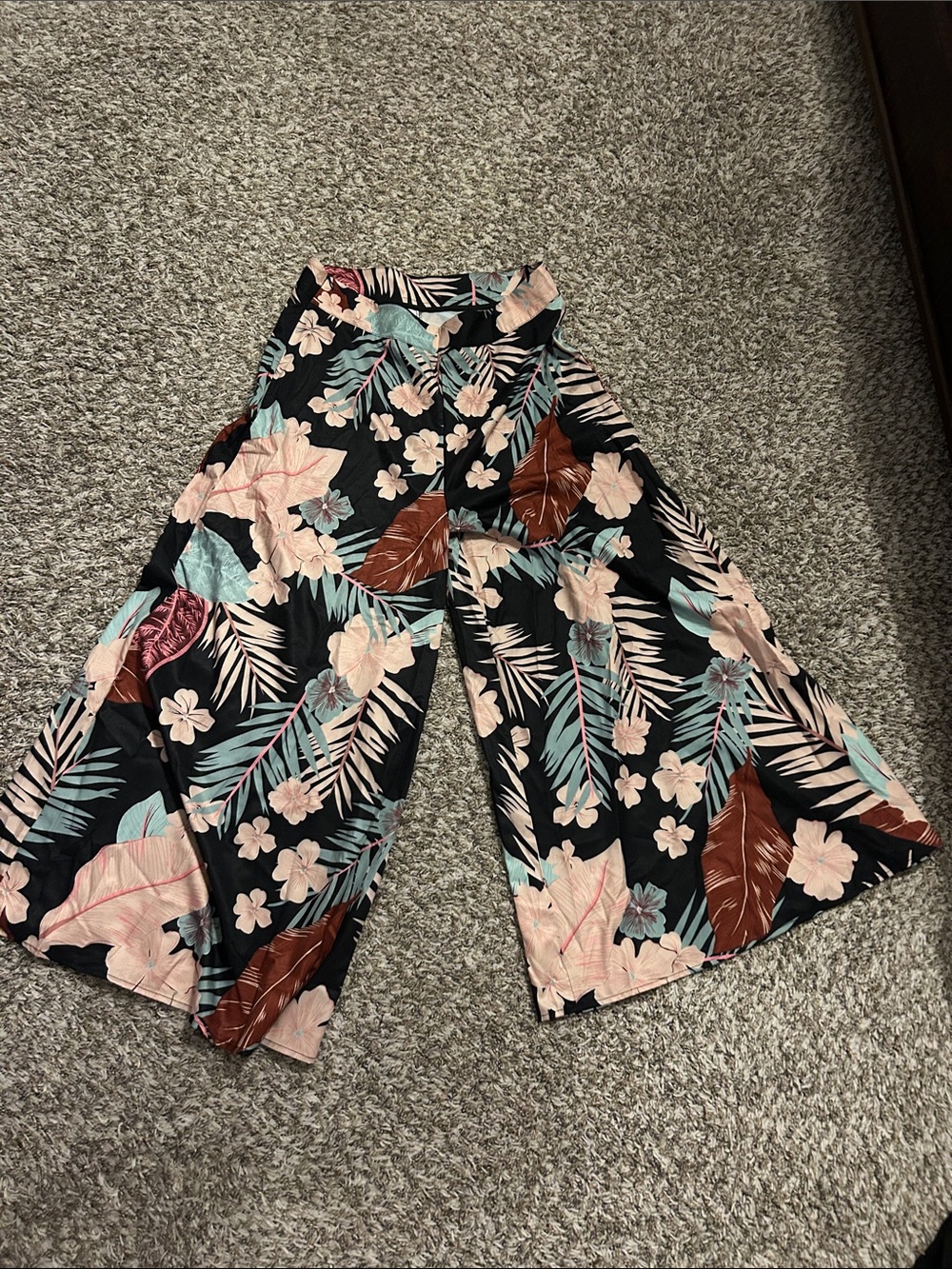 Black Tropical Wide-Leg Palazzo Pants with Pink & Teal Floral Print